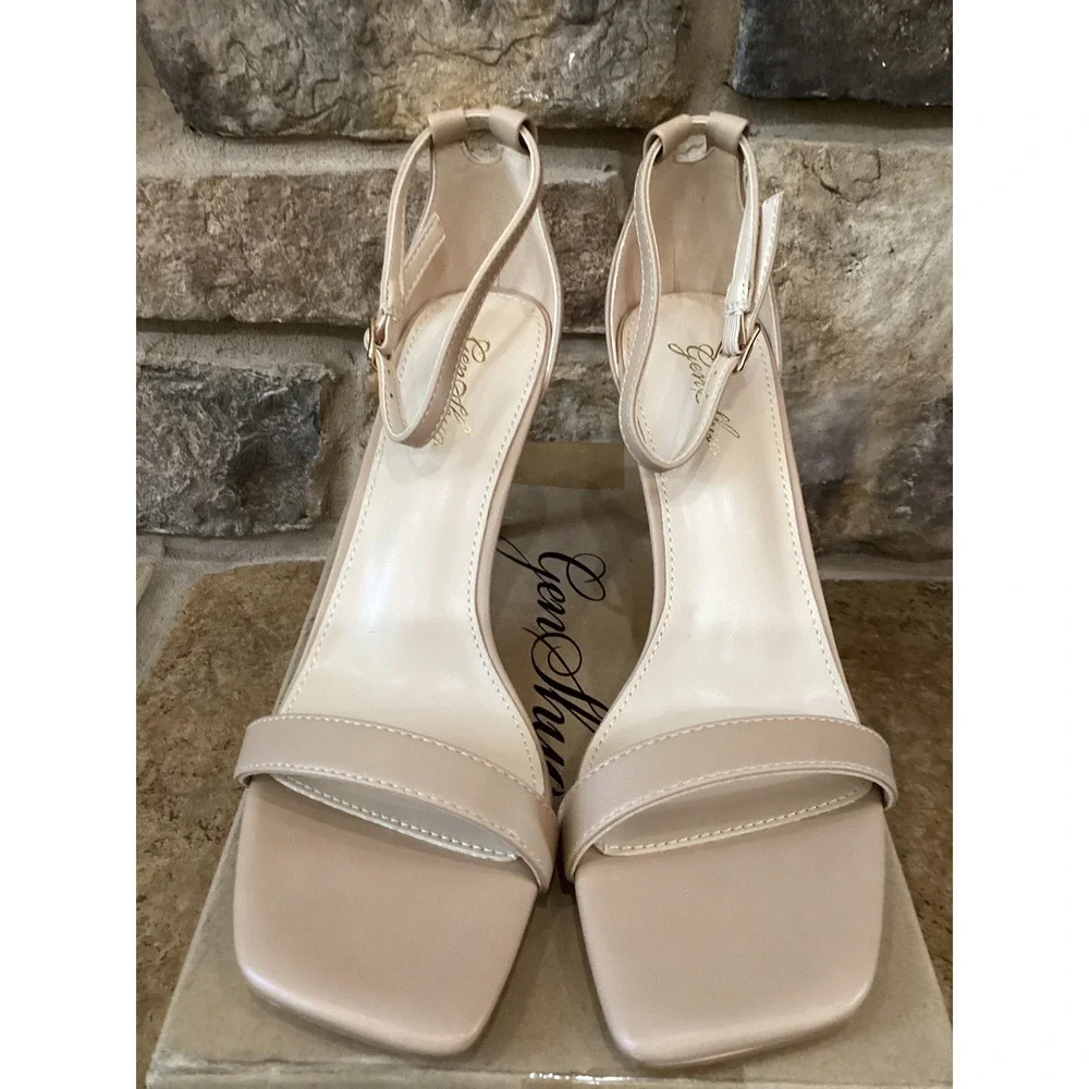 Genshuo Size 7.5 Nude Matte Ankle Strap Stiletto Heels Square Toe Sandals New